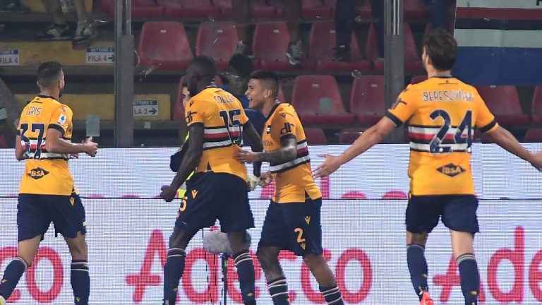 Sampdoria's Omar Colley, center back to camera, celebrates with teammates after scoring his side's first goal during a Serie A soccer match between Cremonese and Sampdoria at the Giovanni Zini Stadium, in Cremona, Italy, Monday, Oct. 24, 2022. (Claudio Grassi/LaPresse via AP)