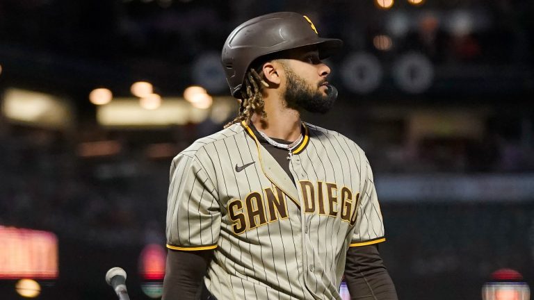 San Diego Padres' Fernando Tatis Jr. walks to the dugout after striking out against the San Francisco Giants during the first inning of a baseball game in San Francisco, Friday, Oct. 1, 2021. (AP Photo/Jeff Chiu)