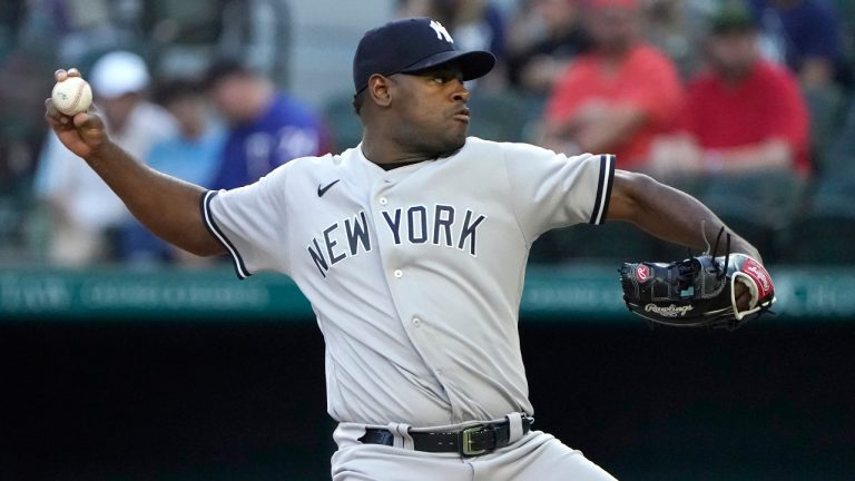 New York Yankees' Luis Severino throws during the first inning of a baseball game against the Texas Rangers in Arlington, Texas, Monday, Oct. 3, 2022. (AP Photo/LM Otero) 