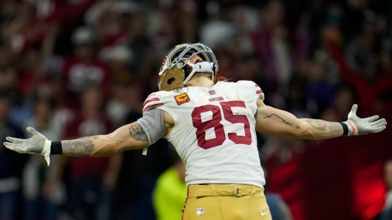 San Francisco 49ers tight end George Kittle celebrates after scoring a touchdown during the second half of an NFL football game against the Arizona Cardinals, Monday, Nov. 21, 2022, in Mexico City. (Marcio Jose Sanchez/AP) 
