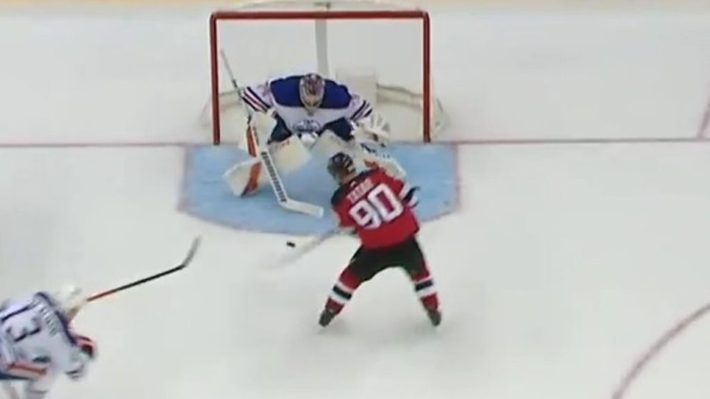 Devils Tatar Controls Mid Air Rebound Before Batting Puck In Vs Oilers