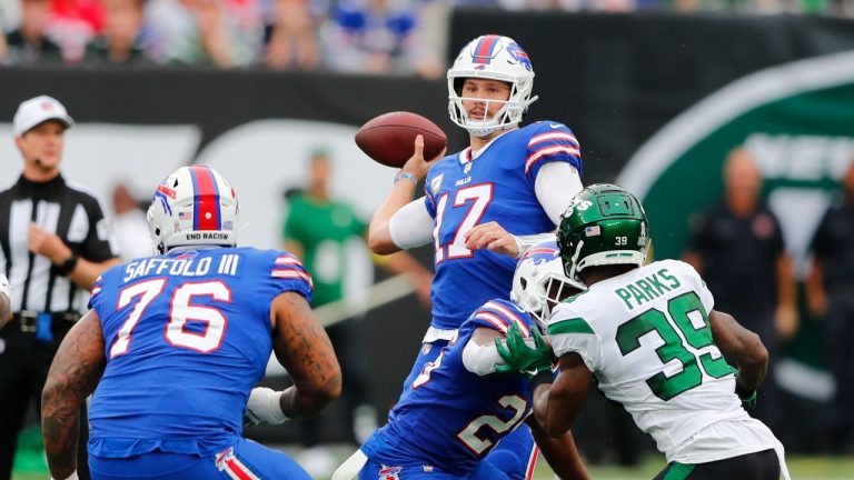 Buffalo Bills quarterback Josh Allen (17) throws a pass during the first half of an NFL football game against the New York Jets, Sunday, Nov. 6, 2022, in East Rutherford, N.J. (Noah K. Murray/AP Photo)