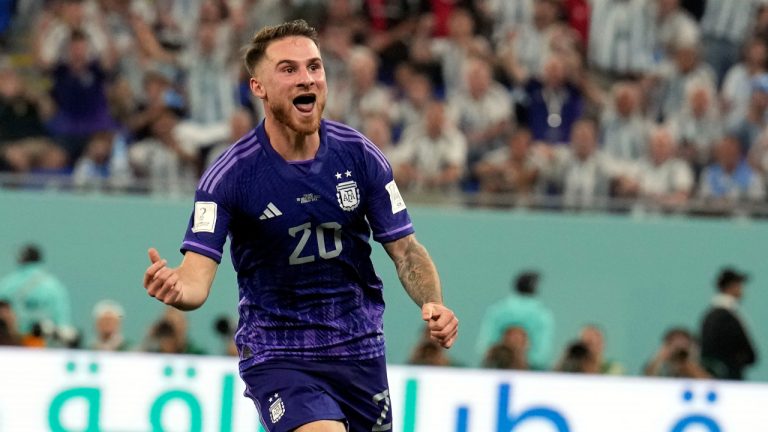 Argentina's Alexis Mac Allister celebrates after scoring a goal during the World Cup group C soccer match between Poland and Argentina at the Stadium 974 in Doha, Qatar, Wednesday, Nov. 30, 2022. (AP Photo/Natacha Pisarenko)