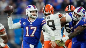 Buffalo Bills quarterback Josh Allen throws during the second half of an NFL football game against the Cleveland Browns, Sunday, Nov. 20, 2022, in Detroit. (Paul Sancya/AP)
