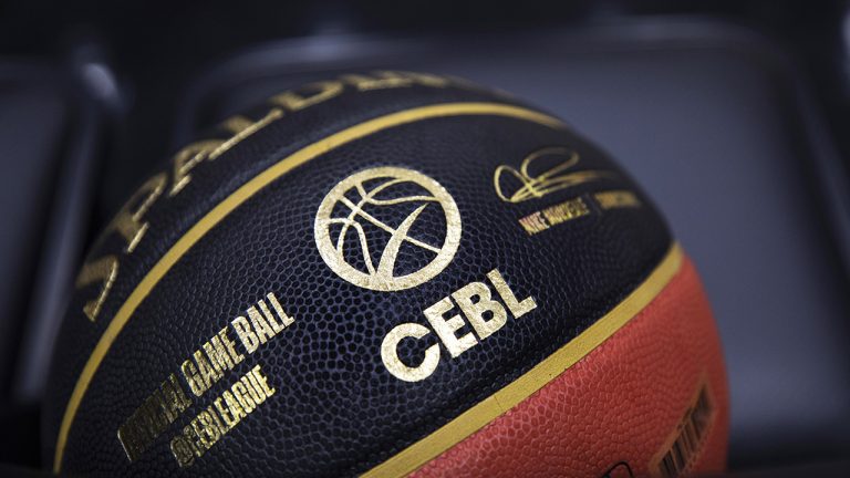 Official game ball of the Canadian Elite Basketball League sits courtside ahead of a game action between the Scarborough Shooting Stars and Guelph Nighthawks in Guelph, Ont., on Thursday, May 26, 2022. (Nick Iwanyshyn/CP)