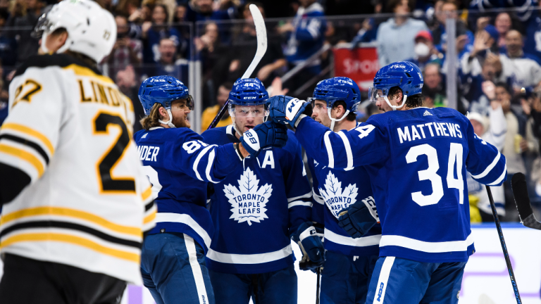 Toronto Maple Leafs celebrate after forward Auston Matthews (34) scored during second period NHL hockey action against the Toronto Maple Leafs, in Toronto on Saturday, Nov. 5, 2022. (CP)