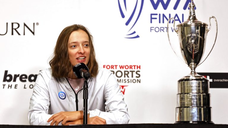 Iga Swiatek, of Poland, talks during a press conference at the WTA Finals tennis tournament in Fort Worth, Texas, Saturday, Oct. 29, 2022. (Ron Jenkins/AP)