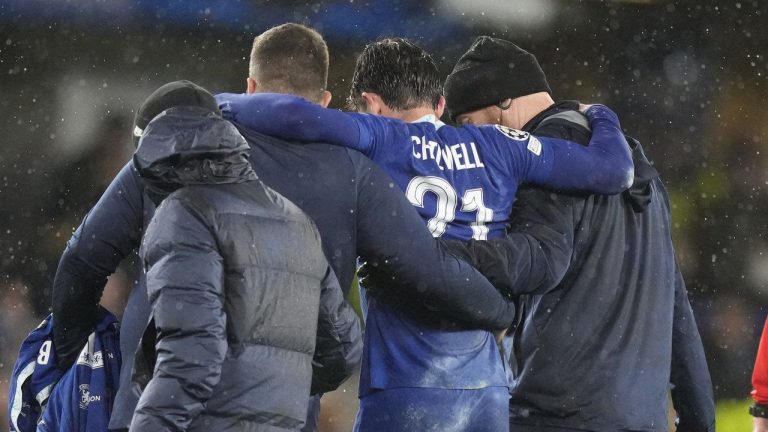 Chelsea's Ben Chilwell is helped from the pitch after sustaining an injury during the Champions League group E soccer match between Chelsea and Dinamo Zagreb at Stamford Bridge stadium In London, Wednesday, Nov. 2, 2022. (Frank Augstein/AP)