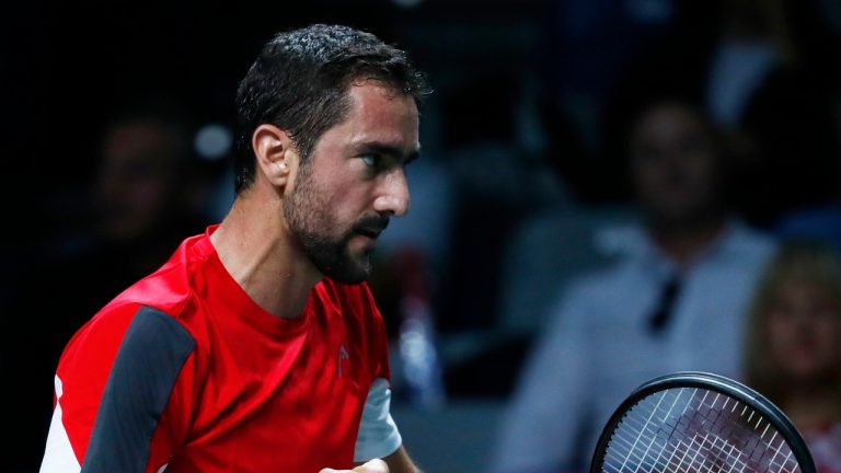 Croatia's Marin Cilic reacts after winning a point against Spain's Pablo Carreno during a Davis Cup quarter-final tennis match between Croatia and Spain in Malaga, Spain, Wednesday, Nov. 23, 2022. (Joan Monfort/AP)