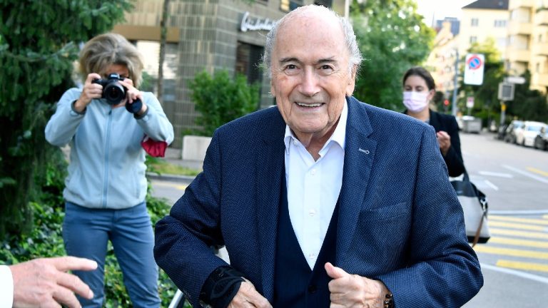 Former FIFA President Sepp Blatter, front, on the way to the Federal Prosecutor's Office in Zurich, Switzerland, Monday, Aug. 9, 2021. Sepp Blatter, faces his final hearing with a Swiss prosecutor on Monday in a fraud probe surrounding a 2011 FIFA payment to Michel Platini. (Walter Bieri/Keystone via AP)