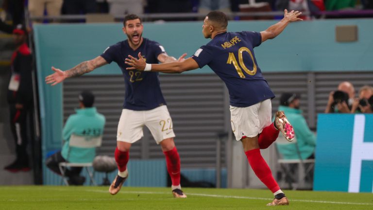 France's Kylian Mbappe celebrates after scoring during a soccer game between France and Denmark, in Group D of the FIFA 2022 World Cup, at the Stadium 974, in Doha, State of Qatar on Saturday 26 November 2022. (Virginie Lefour/Belga Photo)