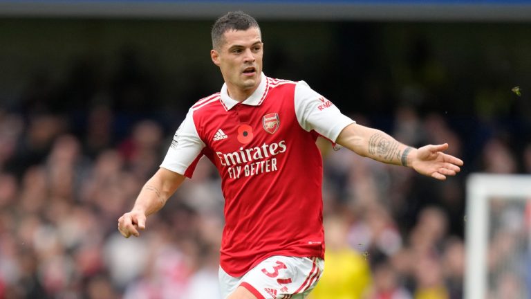 Arsenal's Granit Xhaka controls the ball during the English Premier League soccer match between Chelsea and Arsenal at Stamford Bridge Stadium in London, Sunday, Nov. 6, 2022. (Kirsty Wigglesworth/AP)
