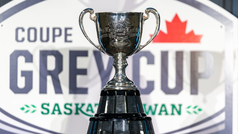 The Grey Cup trophy sits on a podium before the head coaches’ media conference ahead of the Grey Cup at Queensbury Convention Centre in Regina. (Heywood Yu/CP)