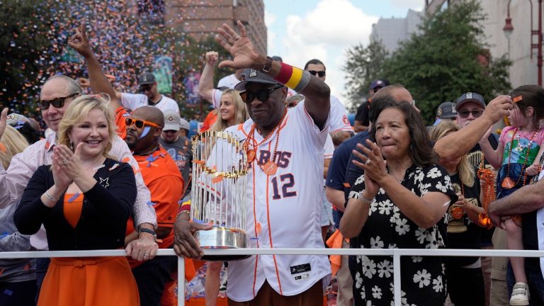 Houston Astros manager Dusty Baker waves during a victory parade for the World Series baseball champions Monday, Nov. 7, 2022, in Houston. (David J. Phillip/AP)