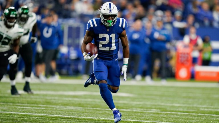 Indianapolis Colts' Nyheim Hines (21) runs for a touchdown during the first half of an NFL football game against the New York Jets, Thursday, Nov. 4, 2021, in Indianapolis. (Michael Conroy/AP)