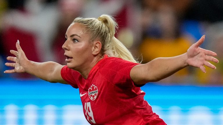 Canada's Adriana Leon celebrates after scoring her team's second goal during a friendly soccer international between Canada and Australia in Sydney, Australia, Tuesday, Sept. 6, 2022. She continued her goal-scoring form with a gorgeous volley against Brazil, Nov. 11, 2022 (Rick Rycroft/AP Photo)