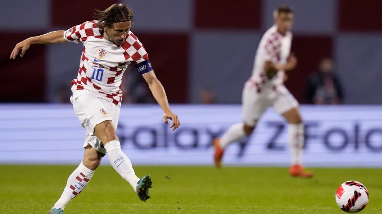 Croatia's Luka Modric is in action during the UEFA Nations League soccer match between Croatia and Denmark at the Maksimir stadium in Zagreb, Croatia, on Thursday, Sept. 22, 2022. (Darko Bandic/AP)