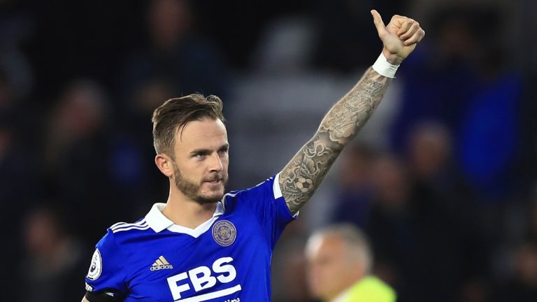 Leicester's James Maddison gives the thumbs-up to the fans at the end of a match between Leicester City and Nottingham Forest at the King Power Stadium in Leicester, England, Monday, Oct. 3, 2022. The midfielder was a surprise addition to the England squad after only having been called up once for the Three Lions in his career (AP Photo/Leila Coker)