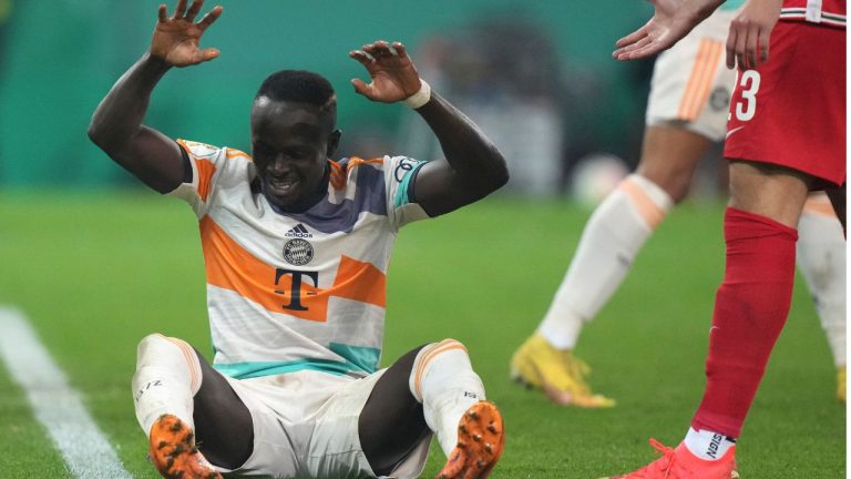 Bayern's Sadio Mane reacts during the German soccer cup, DFB Pokal, match between FC Augsburg and FC Bayern Munich at the WWK Arena in Augsburg, Germany, Wednesday, Oct. 19, 2022. The forward suffered a leg injury in the match against Werder Bremen on Nov. 8, 2022 (Matthias Schrader/AP)