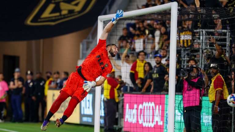 Los Angeles FC goalkeeper Maxime Crepeau gives up a goal to FC Dallas during the first half of an MLS soccer match in Los Angeles, Wednesday, June 29, 2022. (Ringo H.W. Chiu/AP)