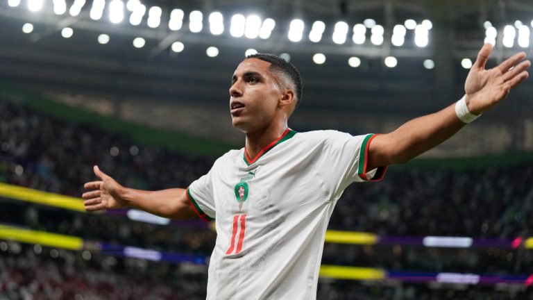 Morocco's Abdelhamid Sabiri reacts after scoring a goal during the World Cup group F soccer match between Belgium and Morocco, at the Al Thumama Stadium in Doha, Qatar, Sunday, Nov. 27, 2022. (Frank Augstein/AP)