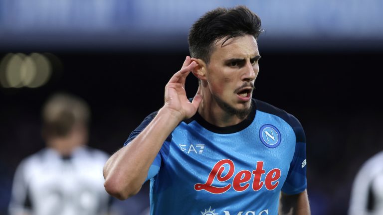 Napoli's Eljif Elmas celebrates after scoring his side's third goal during the Serie A soccer match between Napoli and Udinese, at the Diego Armando Maradona stadium in Naples, Italy, Saturday, Nov. 12, 2022. (Alessandro Garofalo/LaPresse via AP)