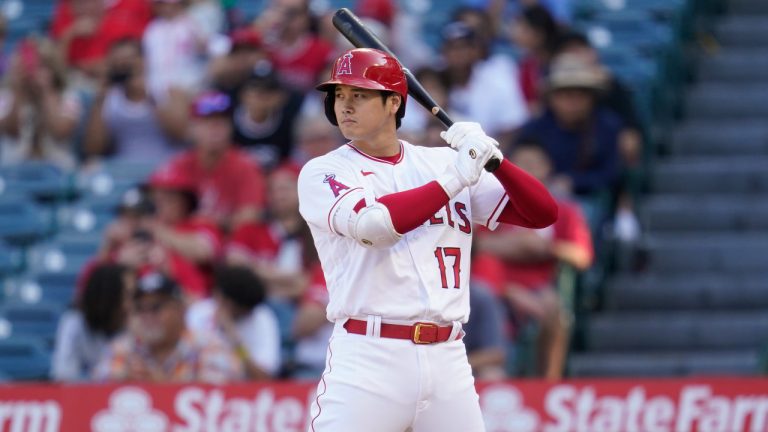 Los Angeles Angels designated hitter Shohei Ohtani (17) waits for a pitch during the eighth inning of a baseball game against the Texas Rangers in Anaheim, Calif., Sunday, Oct. 2, 2022. (Ashley Landis/AP)