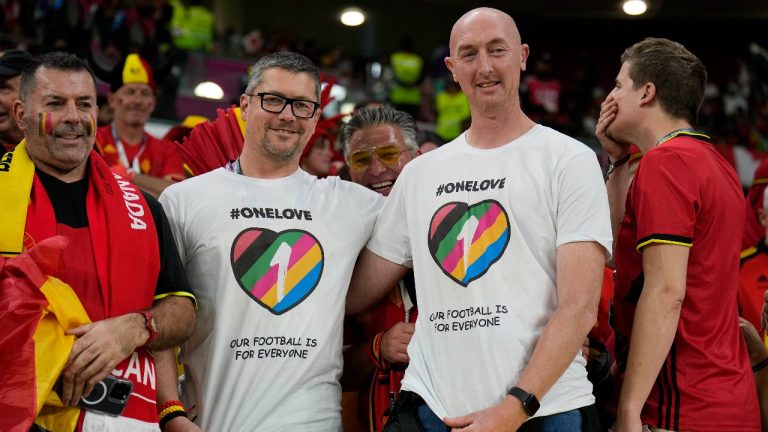 Belgium supporters wear One Love shirts, reading "our football is for everyone" prior the World Cup match between Belgium and Canada, at the Ahmad Bin Ali Stadium in Doha, Qatar, Wednesday, Nov. 23, 2022. (Martin Meissner/AP Photo)
