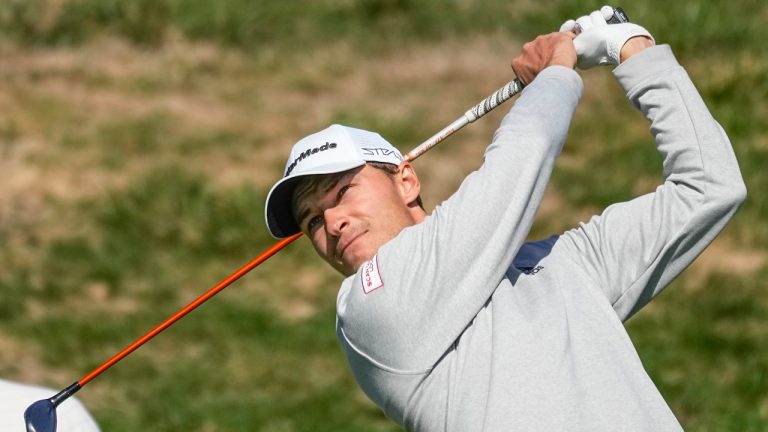 Rasmus Hojgaard, of Denmark, tees off at the first hole during the fourth round the French Golf Open tournament at Le Golf National in Saint-Quentin-en-Yvelines, outside Paris, France, Sunday, Sept. 25, 2022. (Michel Euler/AP)