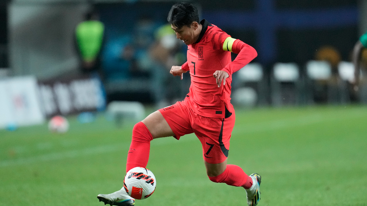 South Korea's Son Heung-min dribbles the ball during the friendly soccer match between South Korea and Cameroon at Seoul World Cup Stadium in Seoul, South Korea, Tuesday, Sept. 27, 2022. (Lee Jin-man/AP)