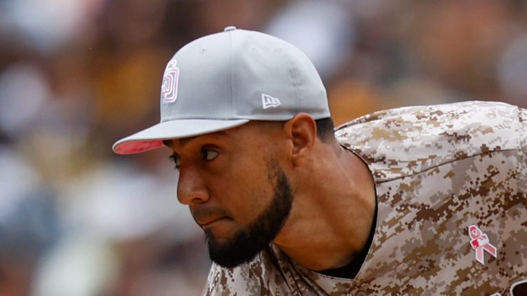 San Diego Padres' Robert Suarez pitches against the Miami Marlins during the eighth inning of a baseball game Sunday, May 8, 2022, in San Diego. (Mike McGinnis/AP Photo)