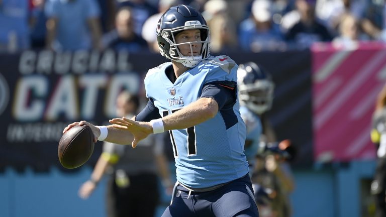 Tennessee Titans quarterback Ryan Tannehill throws during the first half of an NFL football game against the Indianapolis Colts on Sunday, Oct. 23, 2022, in Nashville, Tenn. (Mark Zaleski/AP)