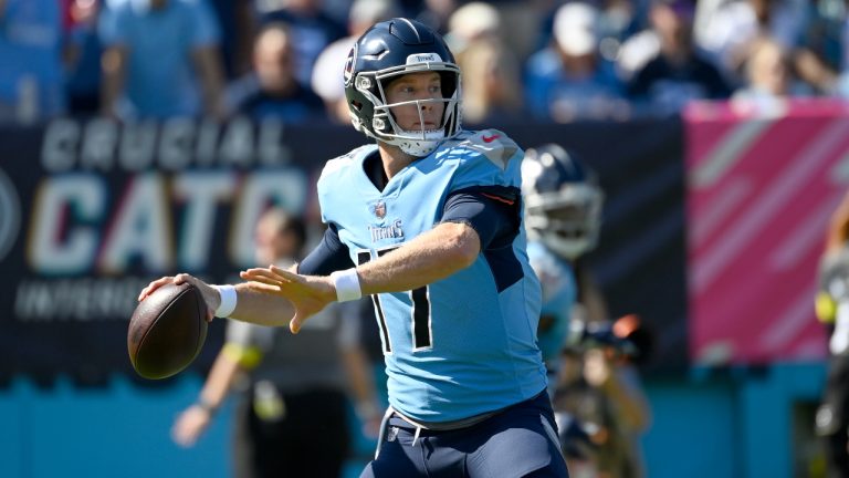 Tennessee Titans quarterback Ryan Tannehill throws during the first half of an NFL football game against the Indianapolis Colts Sunday, Oct. 23, 2022, in Nashville, Tenn. (Mark Zaleski/AP)