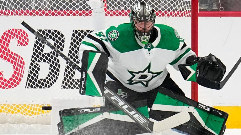 Dallas Stars goaltender Scott Wedgewood (41) blocks a Colorado Avalanche shot during the first period of an NHL preseason hockey game Wednesday, Oct. 5, 2022, in Denver. (Jack Dempsey/AP)