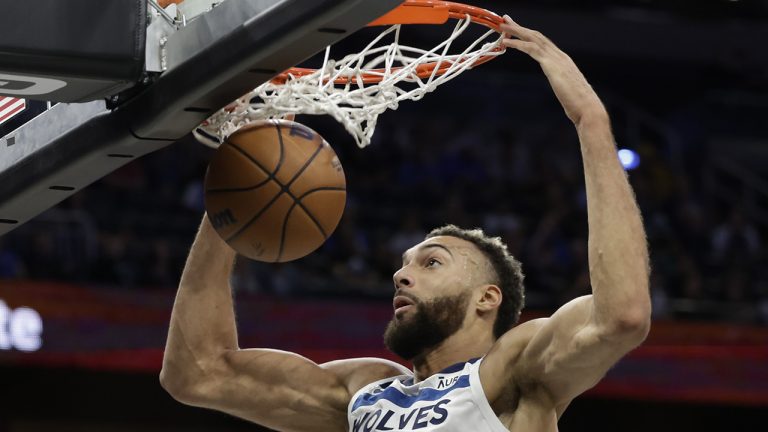 Minnesota Timberwolves center Rudy Gobert dunks against the Orlando Magic on Wednesday, Nov. 16, 2022, in Orlando, Fla. (Kevin Kolczynski/AP)