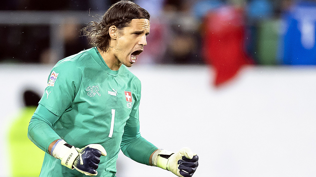 Switzerland's goalkeeper Yann Sommer reacts after a win for his team in  UEFA Nations League action. (Michael Buholzer/Keystone via AP)