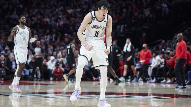Brooklyn Nets forward Yuta Watanabe reacts after making a 3-point basket against the Portland Trail Blazers during the second half of an NBA basketball game in Portland, Ore., Thursday, Nov. 17, 2022. (Craig Mitchelldyer/AP)