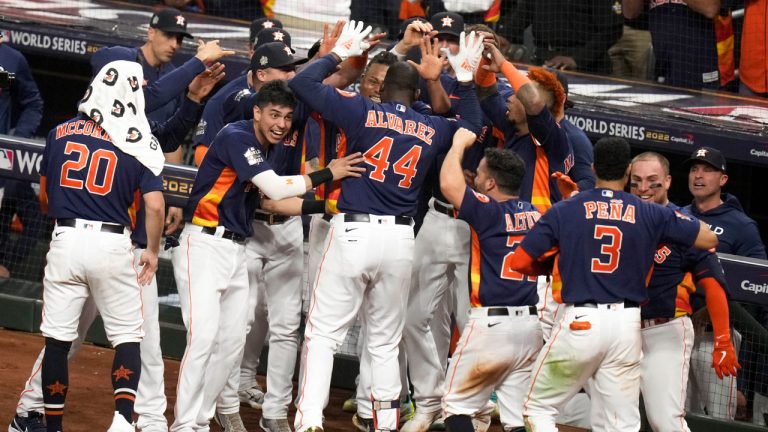 Houston Astros' Yordan Alvarez celebrates his three-run home run during the sixth inning in Game sixth of baseball's World Series between the Houston Astros and the Philadelphia Phillies. (Eric Smith/AP)