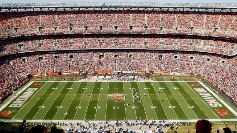 A general overall interior view of FirstEnergy Stadium during an NFL football game between the Cleveland Browns and the New England Patriots on Oct. 16, 2022, in Cleveland. The Browns are working to repair damage caused to their turf field inside FirstEnergy Stadium ahead of Sunday's game against Tampa Bay after it was vandalized by a vehicle Monday, Nov. 21. (AP Photo/Kirk Irwin, File)