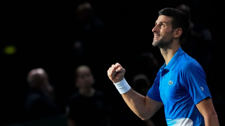 Novak Djokovic of Serbia acknowledges applauses after defeating Lorenzo Muesetti of Italy during their quarterfinal match of the Paris Masters tennis tournament at the Accor Arena. (Michel Euler/AP)