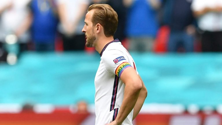 England captain Harry Kane, seen in this file photo from 2021 wearing a rainbow armband in support of the LGBT community, says he intends on wearing a similar one in his team's opening match on Monday at the World Cup in Qatar. (Justin Tallis, Pool Photo via AP) 