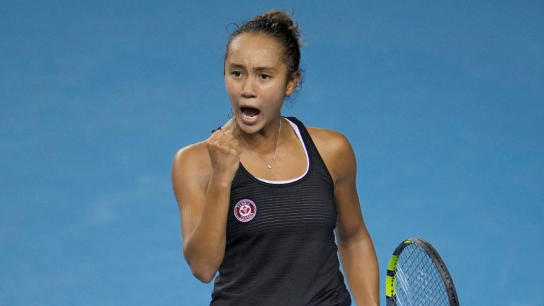 Canada's Leylah Fernandez celebrates after winning a point against Switzerland's Belinda Bencic on the 4th day of the Billie Jean King Cup tennis finals at the Emirates Arena in Glasgow, Scotland Friday, Nov. 11, 2022. (Kin Cheung/AP) 