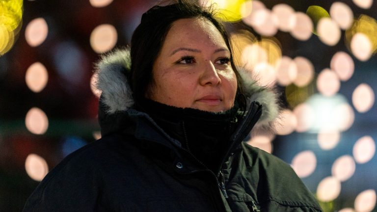 Singer Teagan Littlechief stands for a photograph in front of Mosaic Stadium in Regina, Thursday, Nov. 17, 2022. Littlechief will be signing the national anthem in the languages of Cree, English, and French at the 109th Grey Cup game. (Heywood Yu/CP)