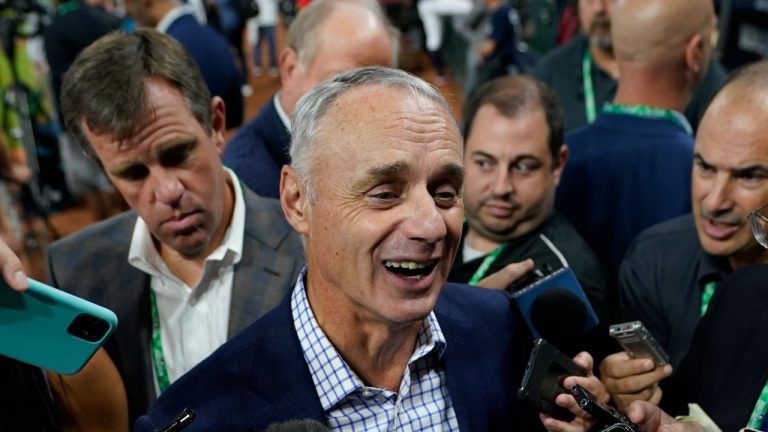Commissioner of Major League Baseball. Robert D. Manfred, Jr. talks with the media before Game 1 in baseball's World Series between the Houston Astros and the Atlanta Braves Tuesday, Oct. 26, 2021, in Houston. (AP Photo/David J. Phillip)