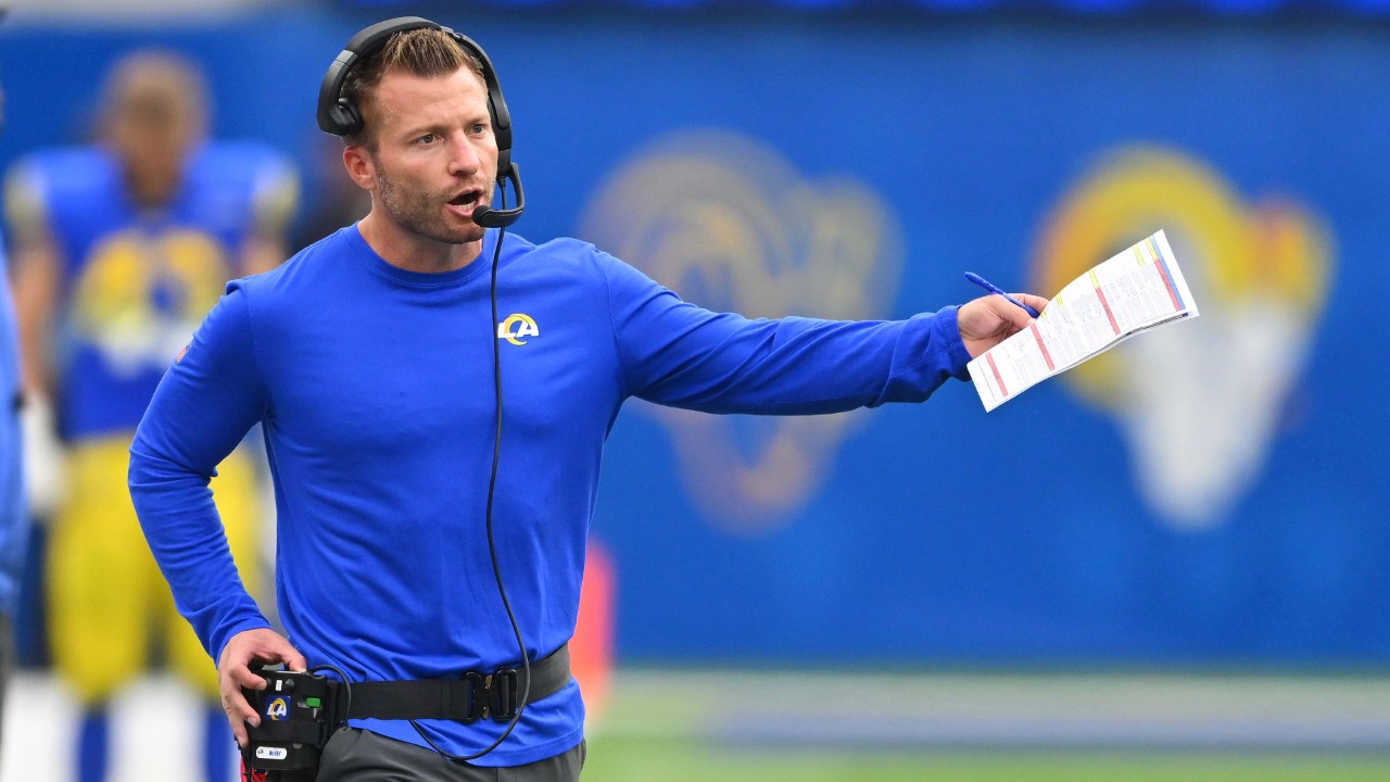 Rams coach Sean McVay takes accidental helmet to jaw on sideline