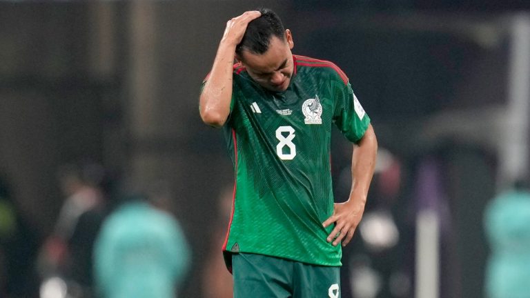 Mexico's Carlos Rodriguez reacts at the end of the World Cup group C soccer match between Saudi Arabia and Mexico, at the Lusail Stadium in Lusail, Qatar, Wednesday, Nov. 30, 2022. Mexico won 2-1 but failed to advance in the tournament. (AP Photo/Ricardo Mazalan)