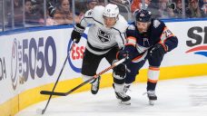 Moore scores first career hat trick, Oilers fall to Kings at home