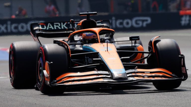McLaren driver Daniel Ricciardo, of Australia, drives his race car during the third practice run of the Formula One Mexico Grand Prix at the Hermanos Rodriguez racetrack in Mexico City, Saturday, Oct. 29, 2022. (Fernando Llano/AP)