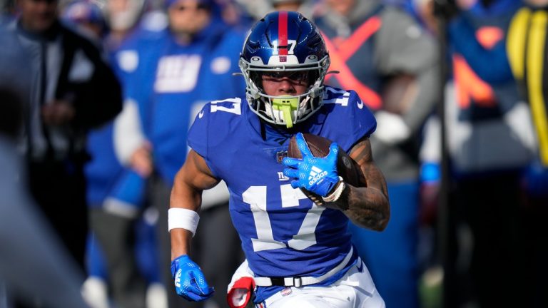 New York Giants wide receiver Wan'Dale Robinson (17) runs the ball during the first half of an NFL football game against the Detroit Lions, Sunday, Nov. 20, 2022, in East Rutherford, N.J. (Seth Wenig/AP)