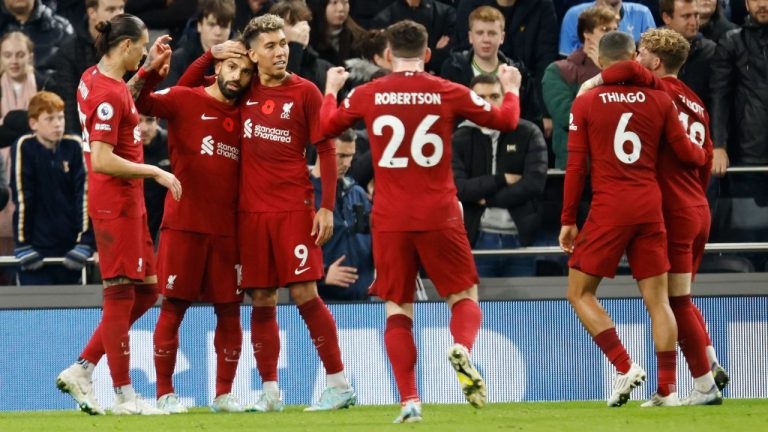 Liverpool's Mohamed Salah, second from left, celebrates with his teammates after scoring his side's second goal during the English Premier League soccer match between Tottenham Hotspur and Liverpool at Tottenham Hotspur Stadium, in London, Sunday, Nov. 6, 2022. (David Cliff/AP)